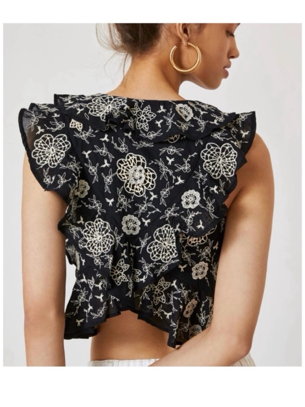 Anthropologie Black Embroidered Ruffle Tie-Front Top - Picture 2 of 7